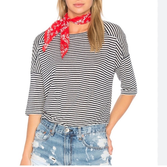 Rag & Bone Valley Stripe Relaxed Fit Hi Lo Tee Navy Blue Stripe Linen Modal Sz M - Picture 1 of 11